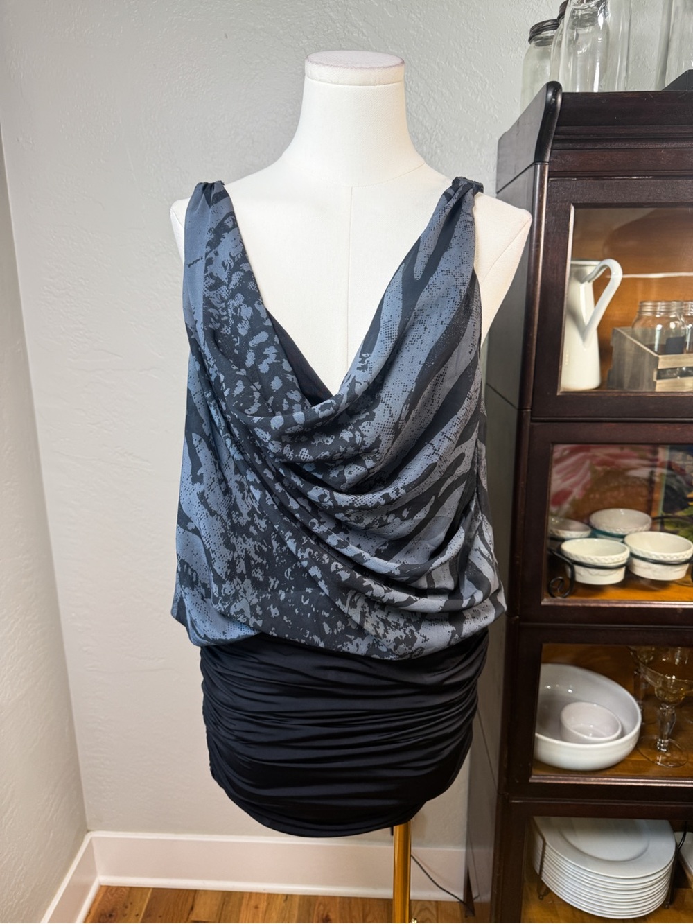 Rock & Republic Gray Black Chiffon Ruched Cowl Neck Cocktail Dress L